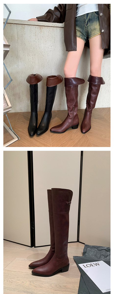 Boot nữ cổ cao quá gối da bò gót thô 5cm mũi nhọn phong cách tối giản — Lớp lót đơn màu đen, Lớp lót đơn màu đỏ neo, Lớp lót nhung đen, Mỏ neo nhung đỏ