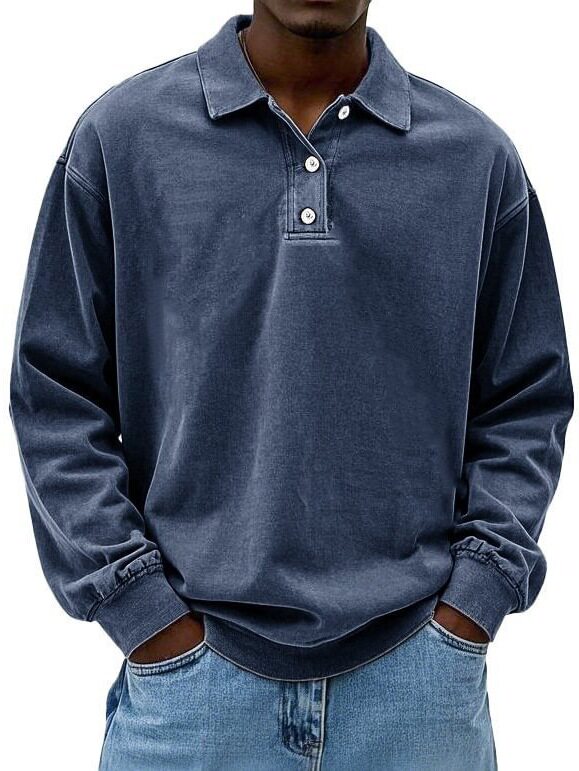 2025 新款跨境亚马逊速卖通春夏季男装长袖POLO衫纯色套头纽扣T恤