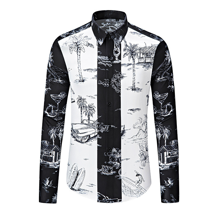 Áo sơ mi nam dài tay họa tiết cây in kỹ thuật số, vải polyester không ủi — Màu sắc hình ảnh, Giá bán đại lý không được nhỏ hơn 208