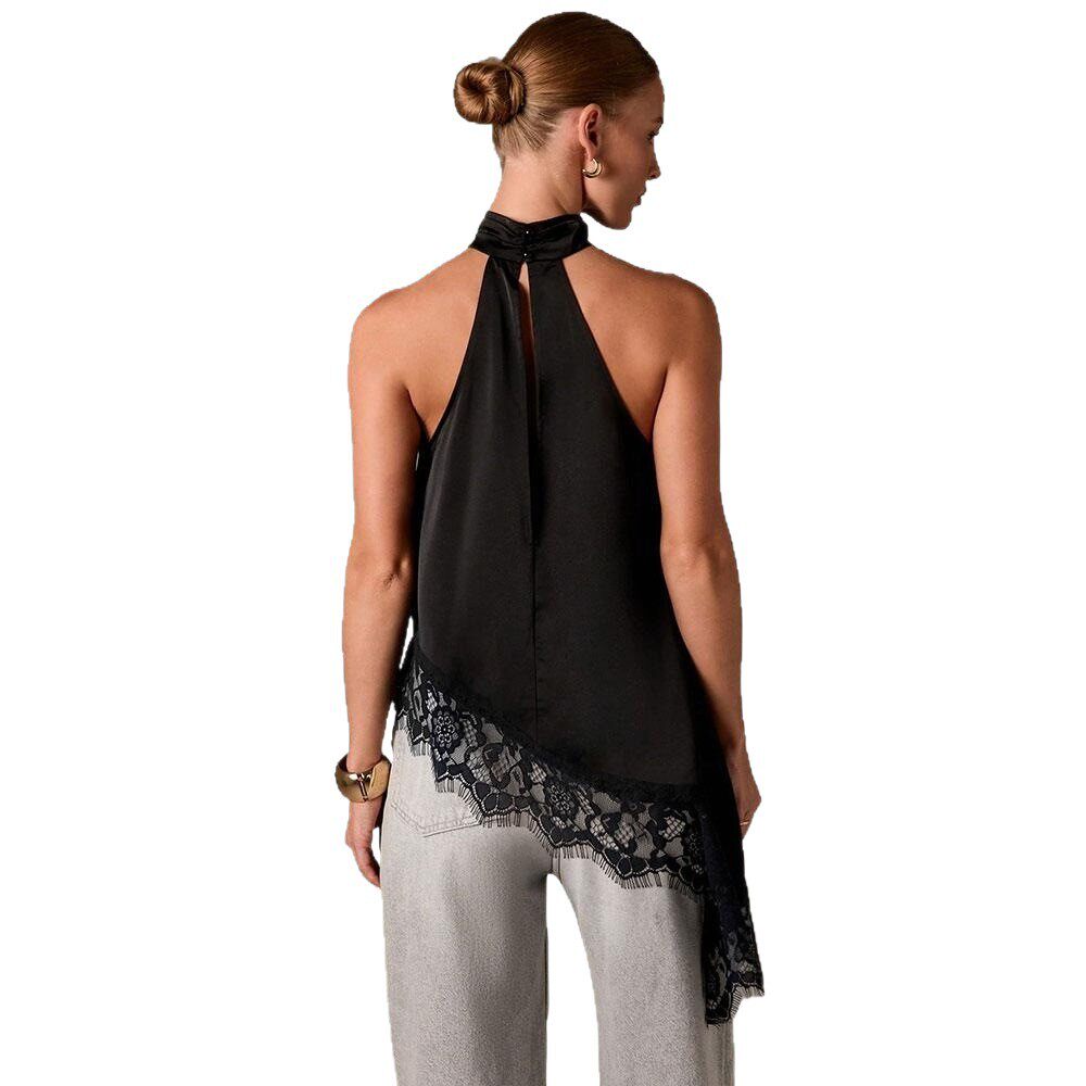 Summer Womens Satin Lace Panel Halter Neck Sleeveless Top Asymmetrical Design Small Stand Collar Elegant Style