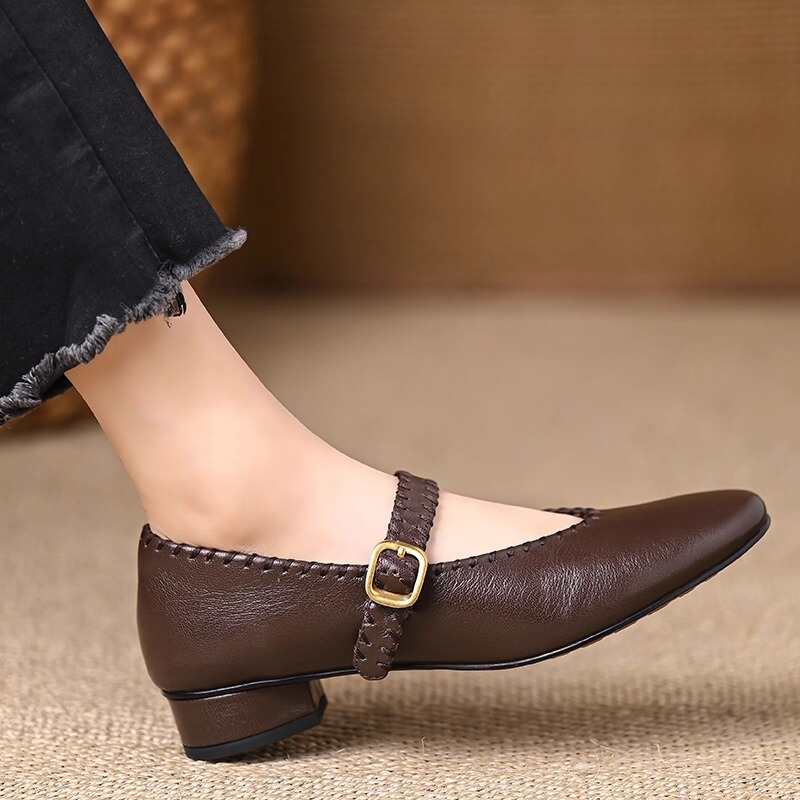 Giày Mary Jane nữ gót thô 3cm mũi tròn phong cách cổ điển mềm êm — màu đen, nâu
