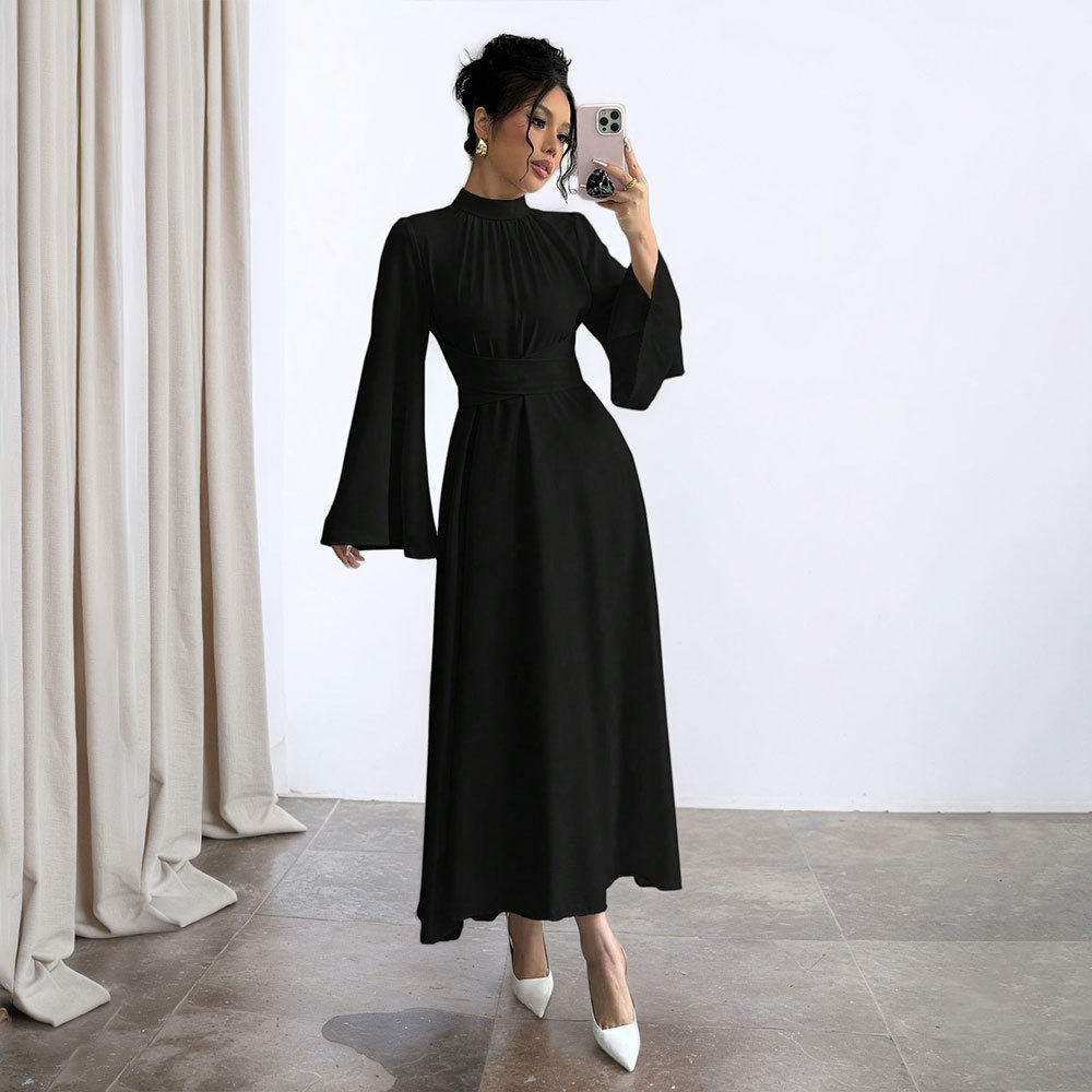 Black Long Sleeve Dress Vintage Style Waist Defining Flared Sleeves Spring Summer Occasion Wholesale Available