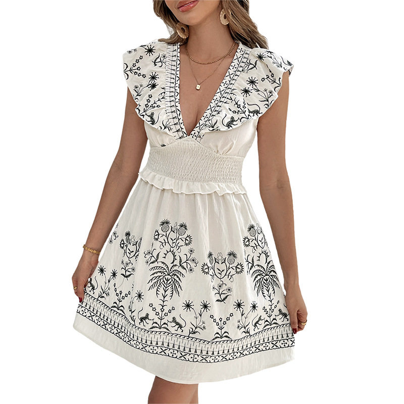 Summer Floral Embroidered Dress Ruffled V Neck Casual Beach Style Perfect for Vacation Wholesale Available