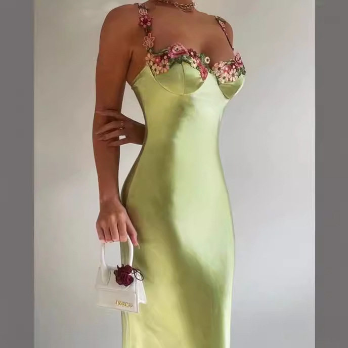 Satin Lace Cami Dress French Style Bodycon Fit Elegant Floral Design Perfect for Parties and Night Out Wholesale