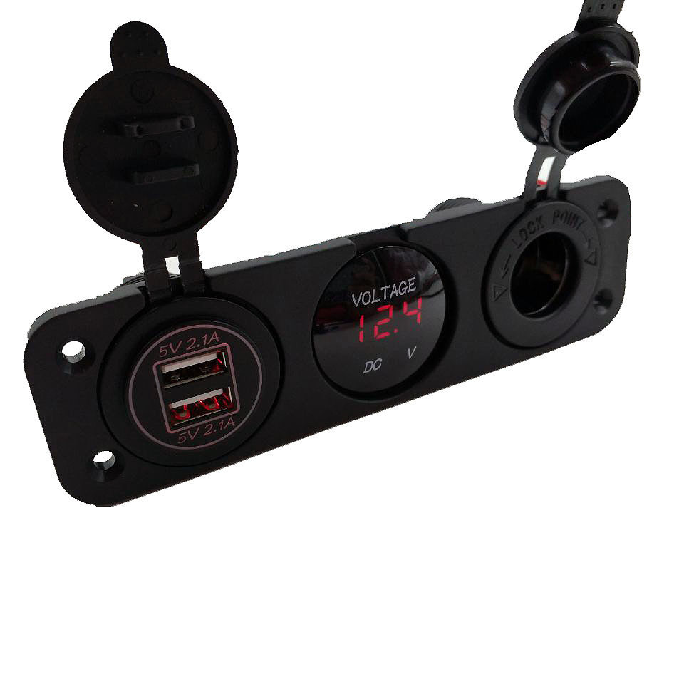 Universal 12-24V Three-In-One Rubber Plate Combination Car Charger with Dual USB and Cigarette Lighter Voltage Meter for Motorcycles and Cars