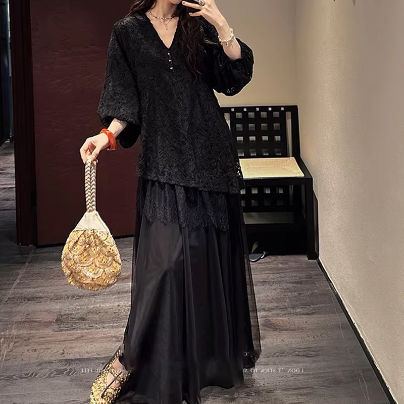 Đầm liền tay dài cổ tròn phối ren thêu tay phồng dáng suông — Màu đen sương mù, Phấn hồng, Trăng trắng
