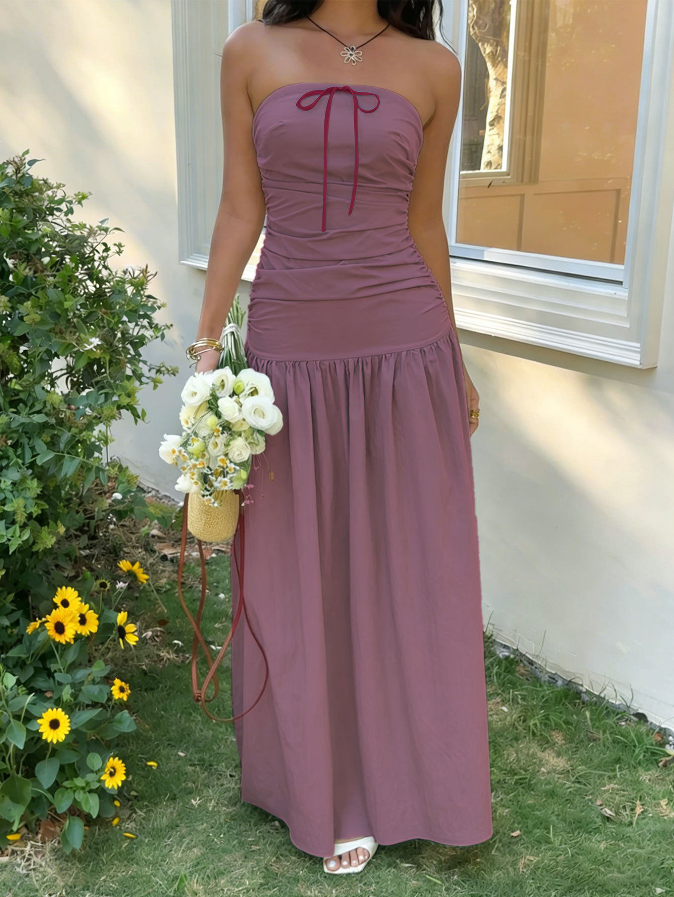 French Style Strapless Maxi Dress Soft Fabric Waist Tie Design Non Slip Strips Summer Vacation Wear Wholesale