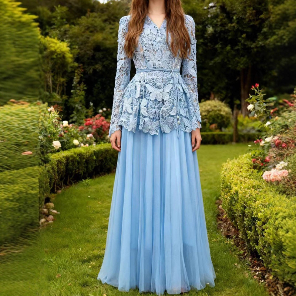 French Style Two Piece Set Elegant Lace Top with Tie Waist High Waisted Tulle Skirt Perfect for Parties or Special