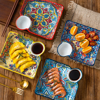 Dumpling plate with dipping sauce vinegar dish ceramic household creative high-looking tableware grid plate dumpling plate breakfast fruit plate