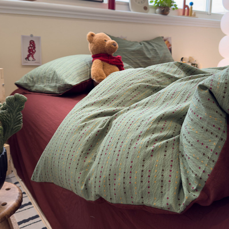 Double-Layer Gauze Printed Four-Piece Set, Nordic Style, Suitable for Sleeping Naked, Mother and Baby Grade Long-Staple Cotton Duvet Cover, Three-Piece Bed Sheet Set, Egyptian Long-Staple Cotton