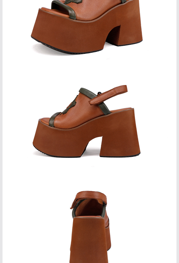 Sandal nữ da bò thật gót xuồng siêu cao trang trí hoa, quai dán tiện lợi — màu đen, Màu nâu