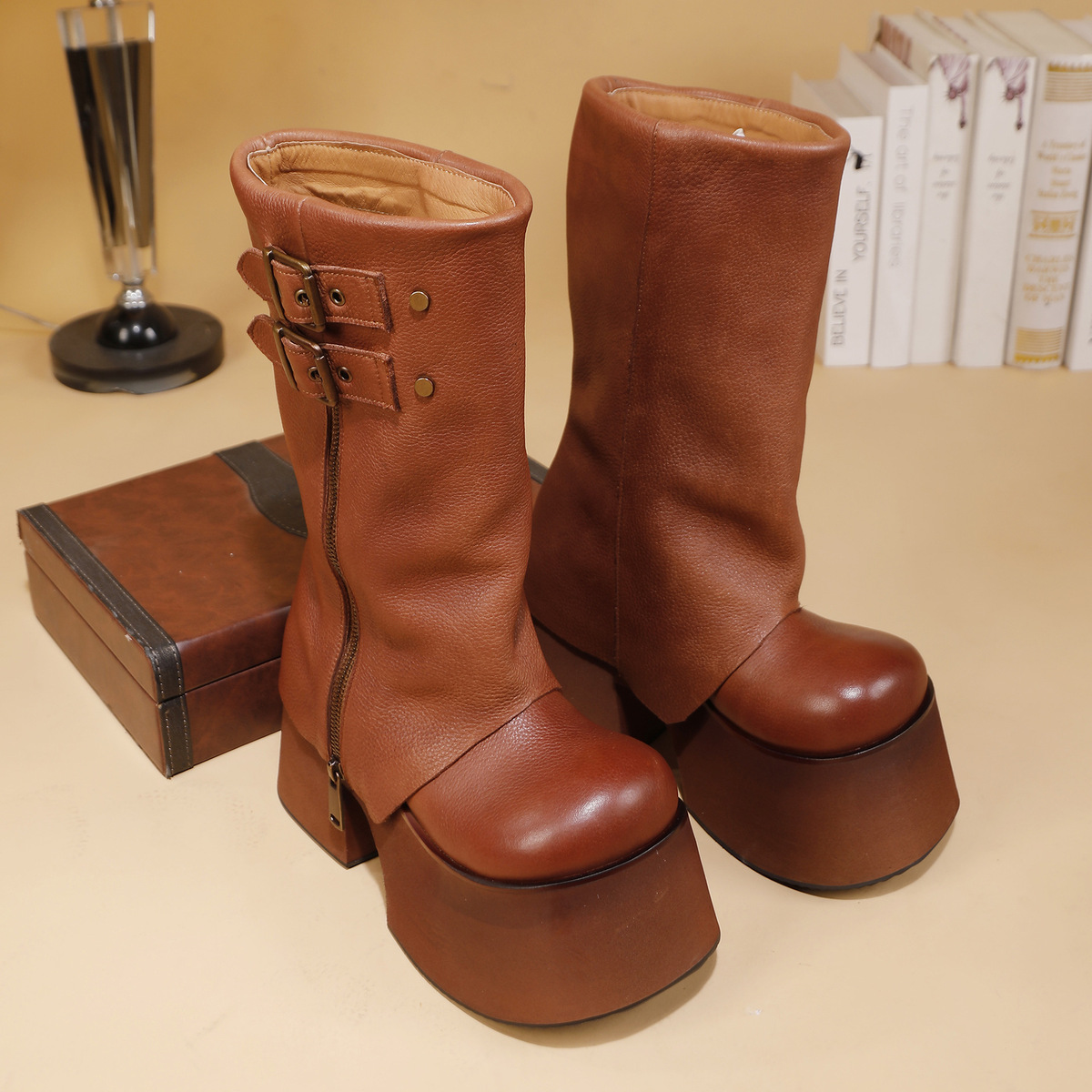 Boot nữ cổ cao da bò thật đế dày gót nêm khóa kéo bên — màu đen, màu nâu