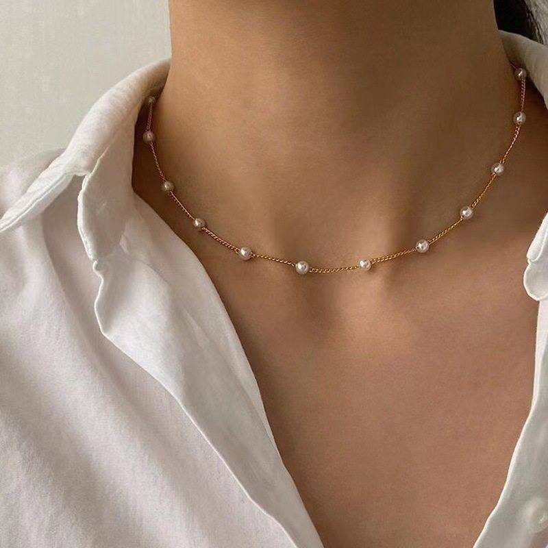 European and American Cross-Border Jewelry New 4mm Pearl Sweater Chain Fashion Clavicle Chain Ins Simple Style Pearl Necklace in Stock
