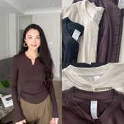 Lulu Autumn Henley Shirt Slim Fit Long-Sleeve Base Shirt with Buttoned Collar and Ribbed Design, Slimming New Style for Commutin