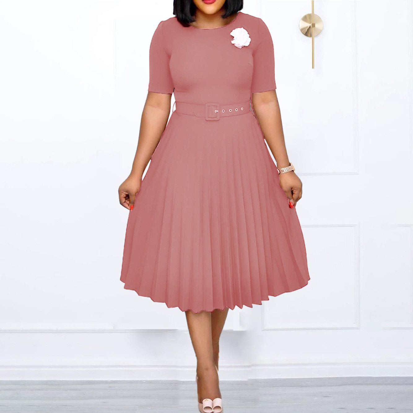Plus Size Womens Summer Dress Belted Pleated Round Neck Mid Length Casual or Formal Occasions Wholesale Available