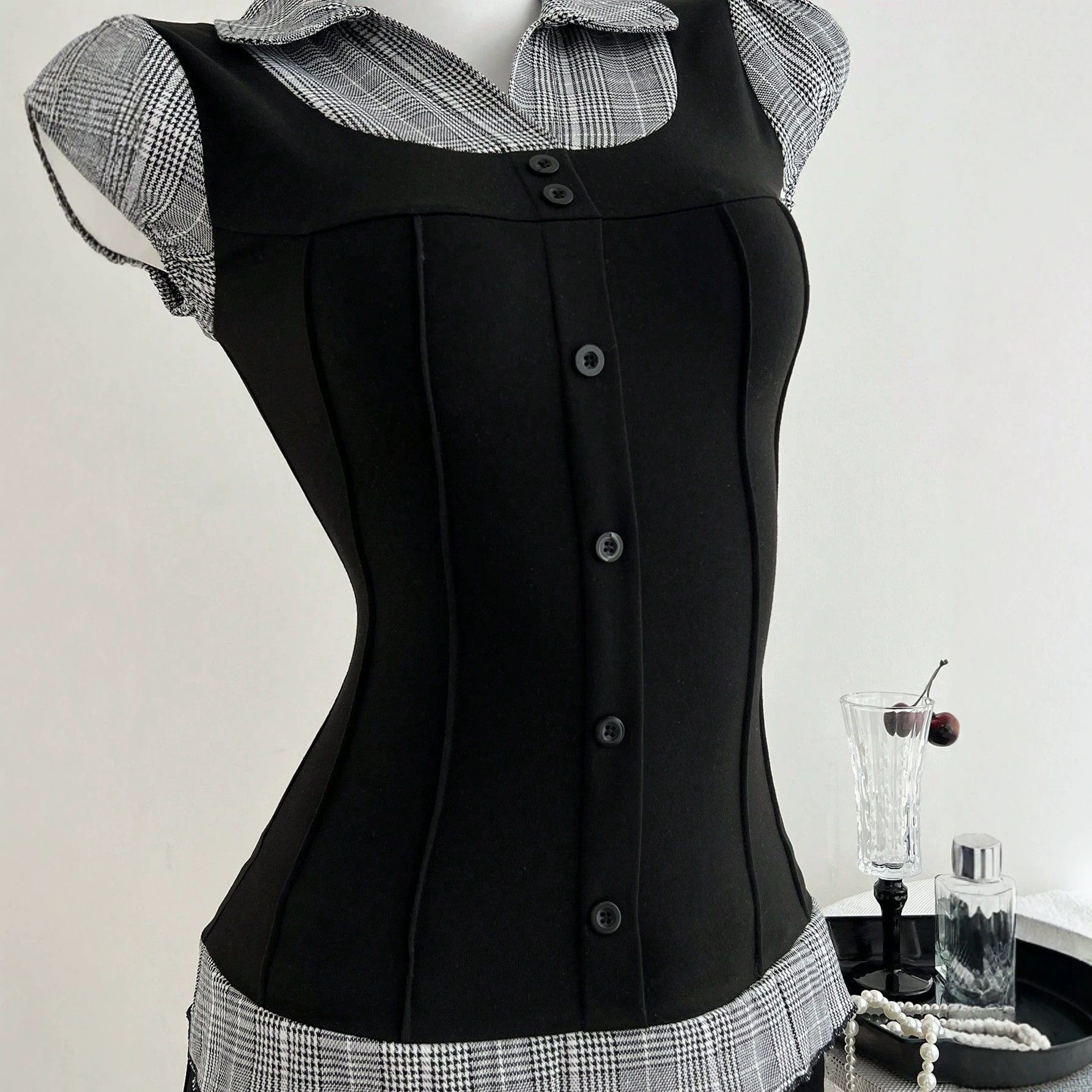 Color Block Plaid Short Sleeve T Shirt Slim Fit Waist Cinching Design Casual Style Ready to Ship Low MOQ