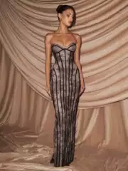 European and American 2026 Lace Strapless Long Dress with Exquisite Vertical Lace Pattern, Bodycon Evening Party Dress for Women