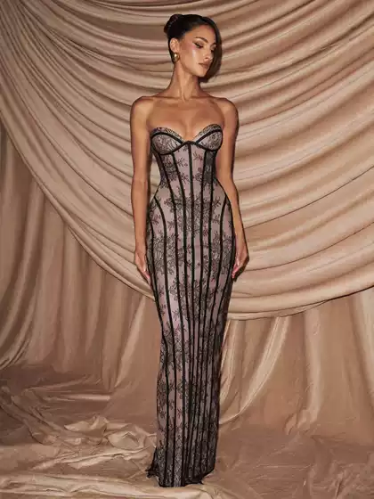 European and American 2026 Lace Strapless Long Dress with Exquisite Vertical Lace Pattern, Bodycon Evening Party Dress for Women