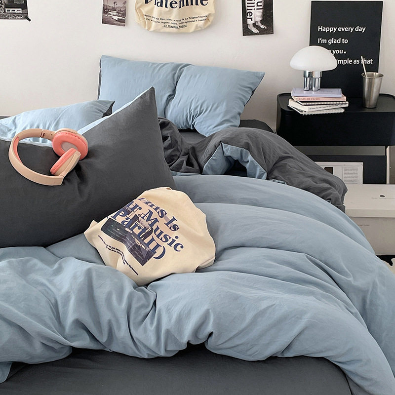 Ins Style Naked Sleeping Pure Cotton Four-Piece Set Class a Washed Cotton Pure Color Double Quilt Cover Bed Sheet Student Dormitory Three-Piece Set