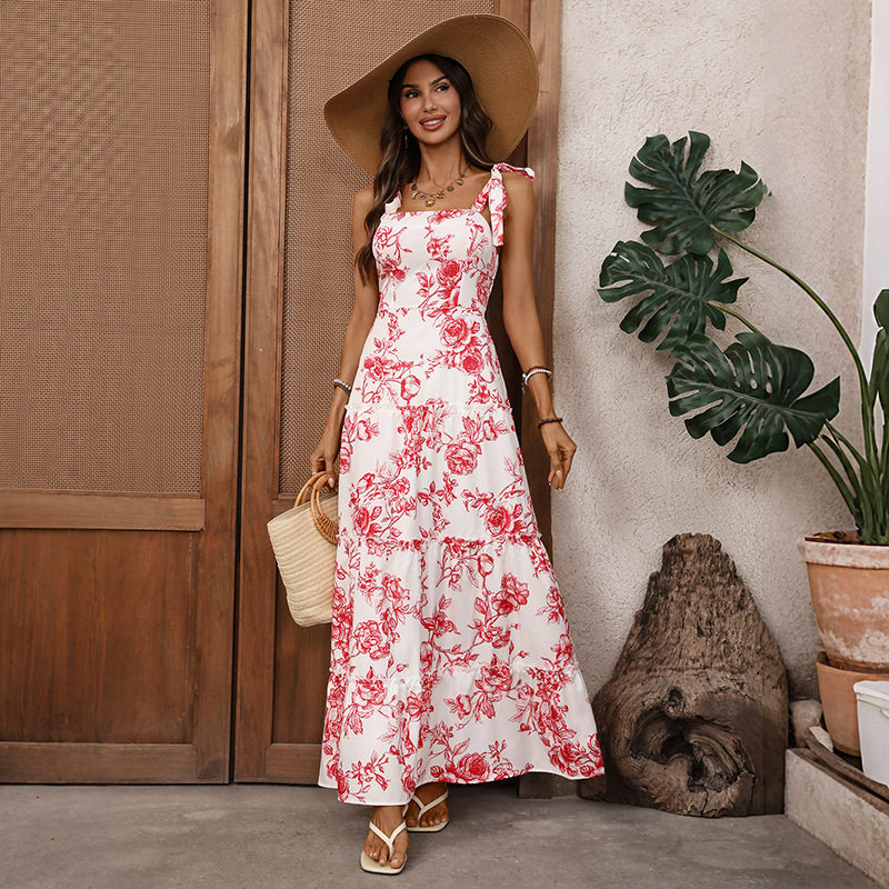 French Vacation Style Maxi Dress Vintage Floral Print Sleeveless Flowy Design Perfect for Summer Events Wholesale