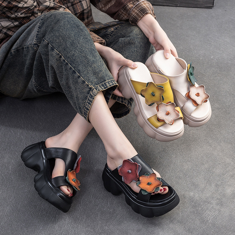 Giày Dép Lê Nữ Chất Liệu Da Bò Họa Tiết Hoa Miệng Cá Hàng Mùa Hè