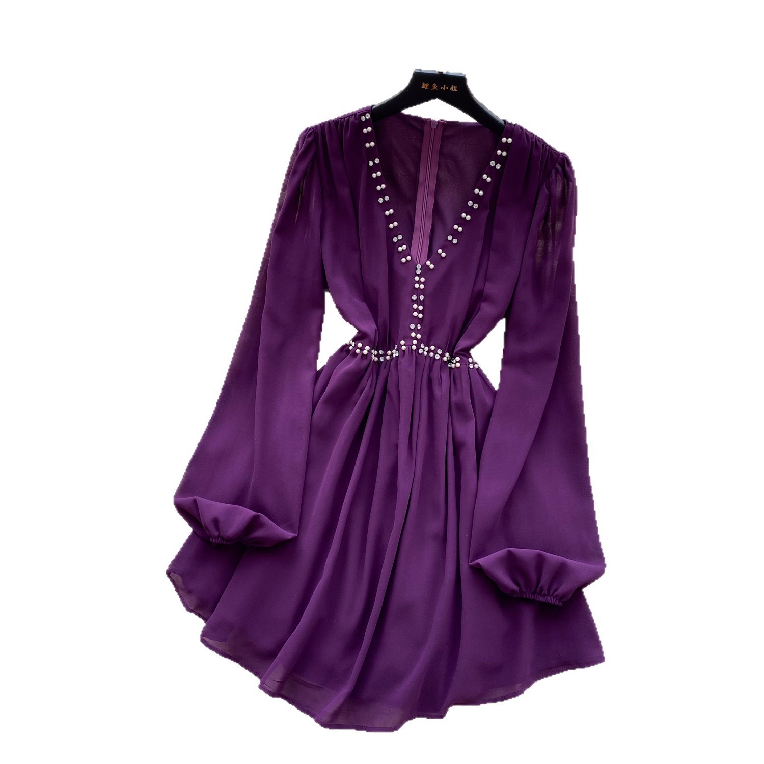 Korean Style Beaded Sexy Dress Purple V Neck Slim Fit Long Length Summer Casual Wear Wholesale Available