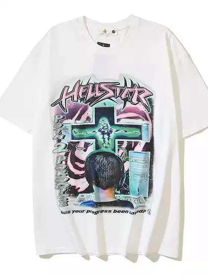 American Hellstar Hip Hop High Street Fashion Brand Summer Washed Letter Printing Casual Loose Men's and Women's Short Sleeve T-Shirt