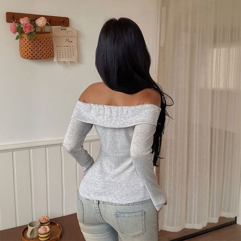 Slim Fit Long Sleeve Top Solid Color Off Shoulder Design Stylish for Spring and Autumn Wholesale Available