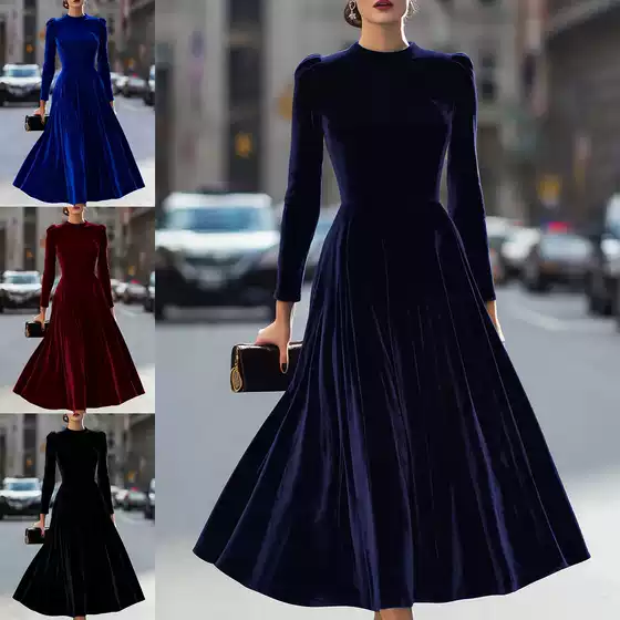 European and American Cross-Border Dresses, New Style Velvet Round Neck Long-Sleeve Dress
