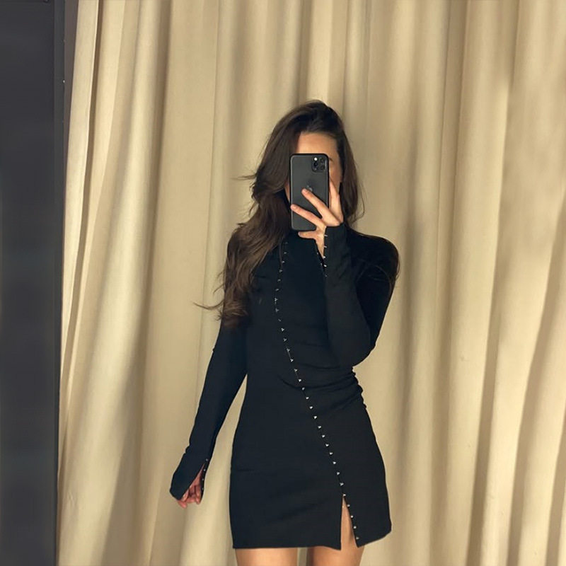 Elegant Womens Dress Slim Fit Long Sleeve Solid Color Hidden Button Design Perfect for Parties and Casual Events