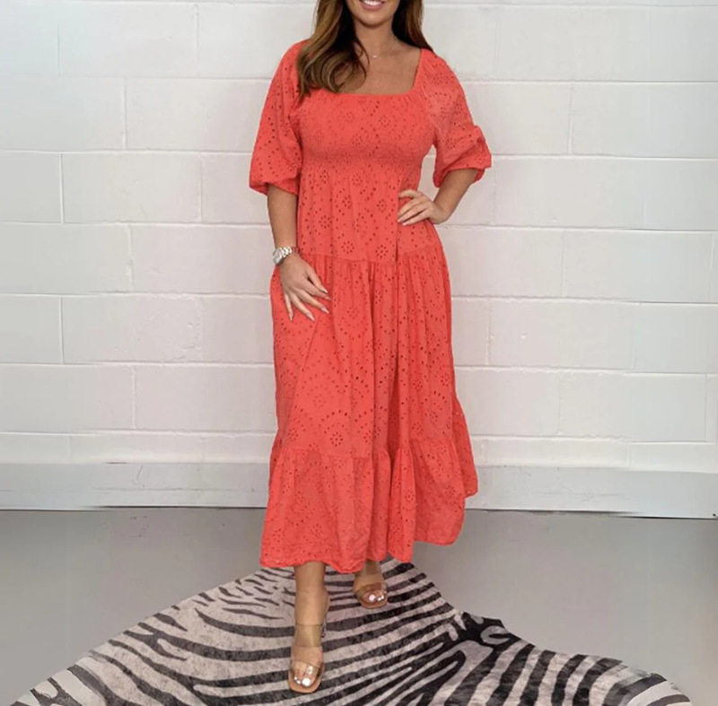 Summer Womens Dress Solid Color Hollow Out U Neck Puff Sleeve Casual or Party Wear Wholesale Available