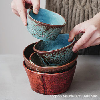 Retro Hand-Painted Household Rice Bowl Breakfast Bowl Restaurant Hotel Creative Asymmetrical Fruit Bowl Dessert Bowl Side Dish Bowl