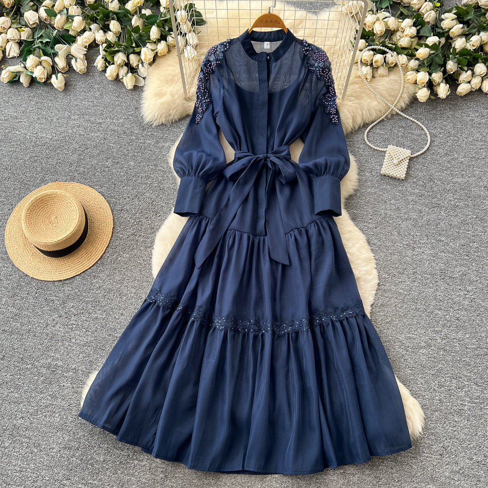 French Style Lantern Sleeve Embroidered Dress Beaded Waist Tie A Line Silhouette Elegant for Spring Wholesale