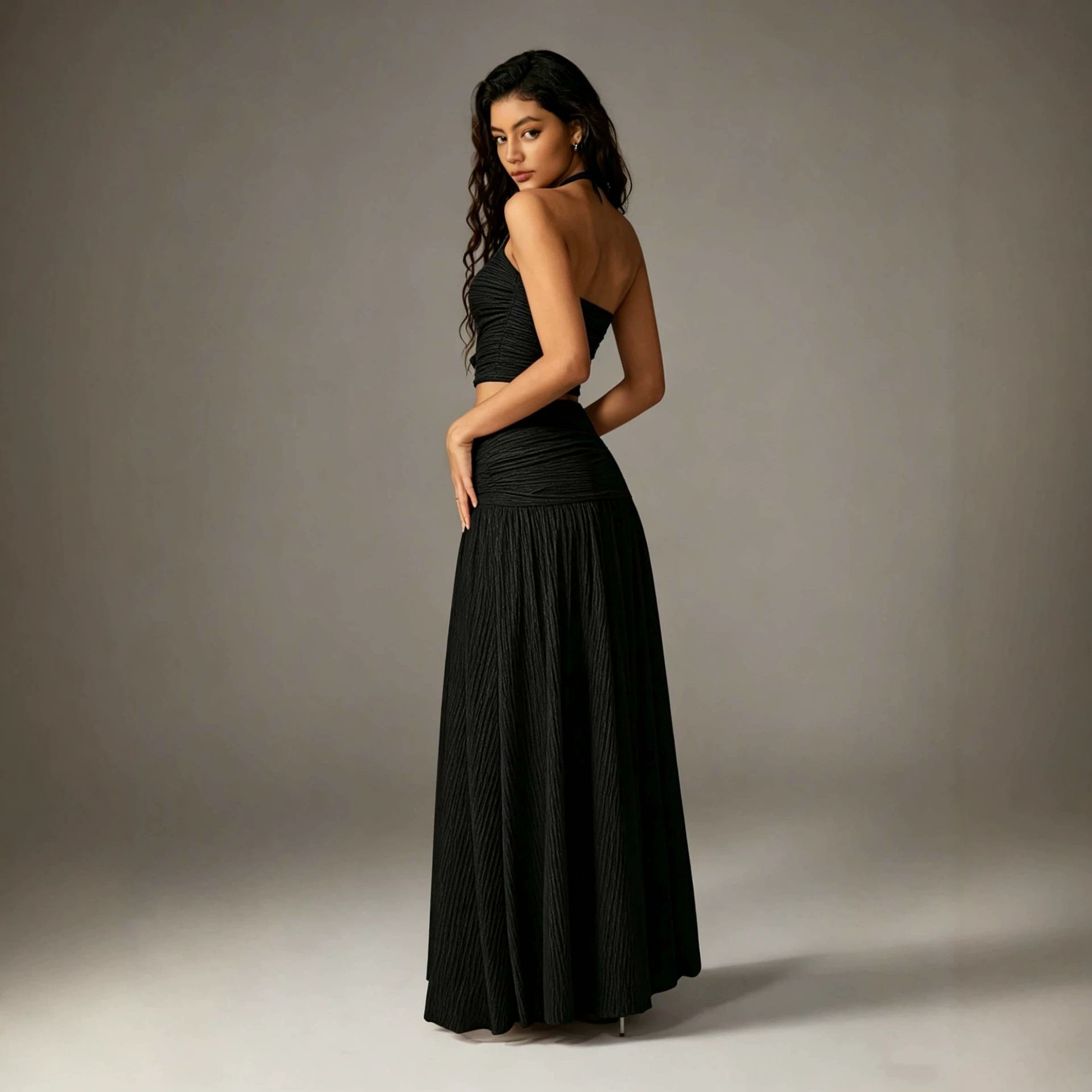 French Style Halter Neck Backless Two Piece Set Ruffled Waist Top A Line Skirt Elegant Dress for Special Occasions