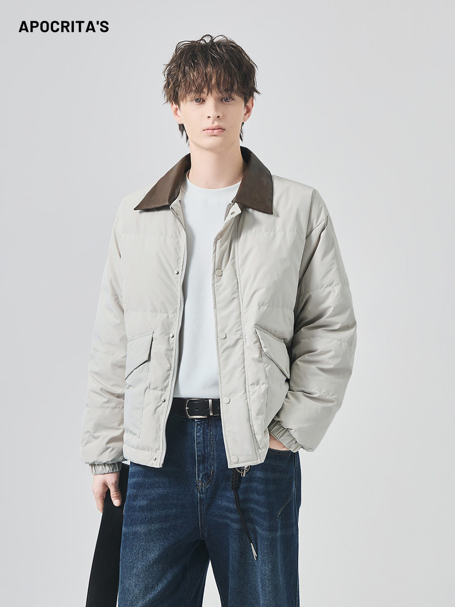 Apo Men's Clothing | Cross-Border Men's Lightweight White Duck down Jacket Winter Warm Loose Contrast Color Pu Collar Jacket