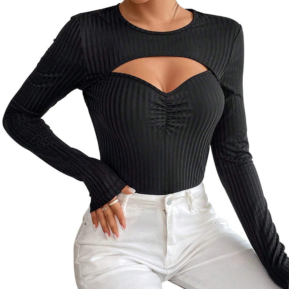 Slim Fit Long Sleeve Knit Top Sexy Hollow Design Ribbed Fabric Autumn Winter Style Wholesale Available
