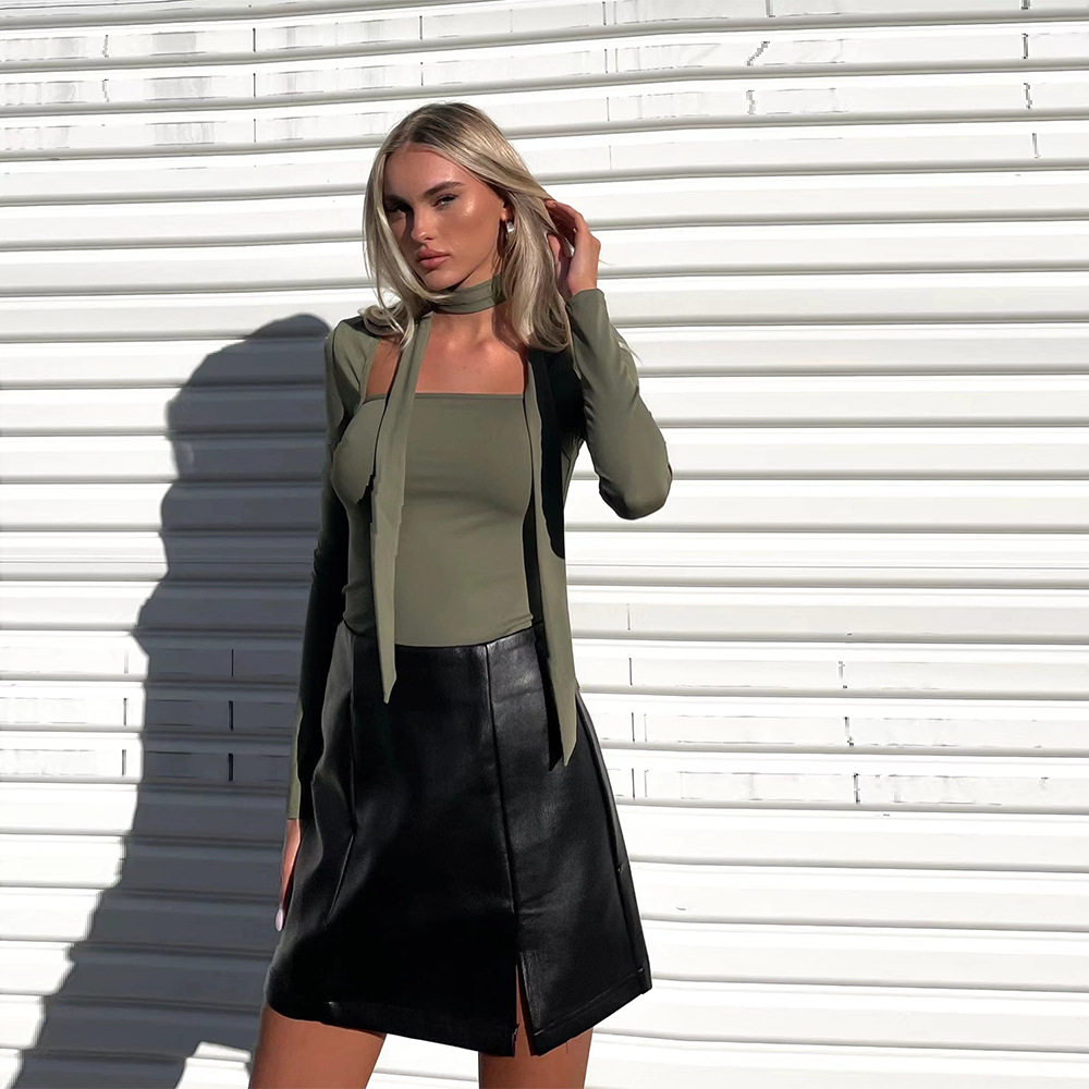 Elegant Womens T Shirt Square Neck Tie Detail Slim Fit Short Sleeve Spring Summer Casual Wear Wholesale Available