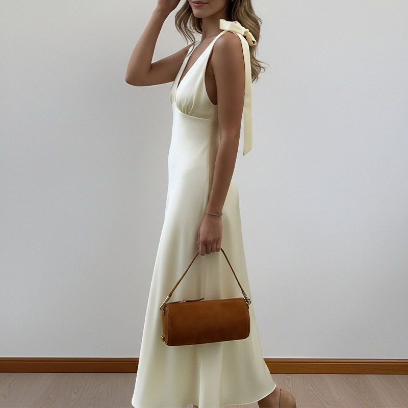 Womens Spring Dress Elegant Solid Color Slim Fit Tie Detail Perfect for Casual or Formal Occasions Wholesale