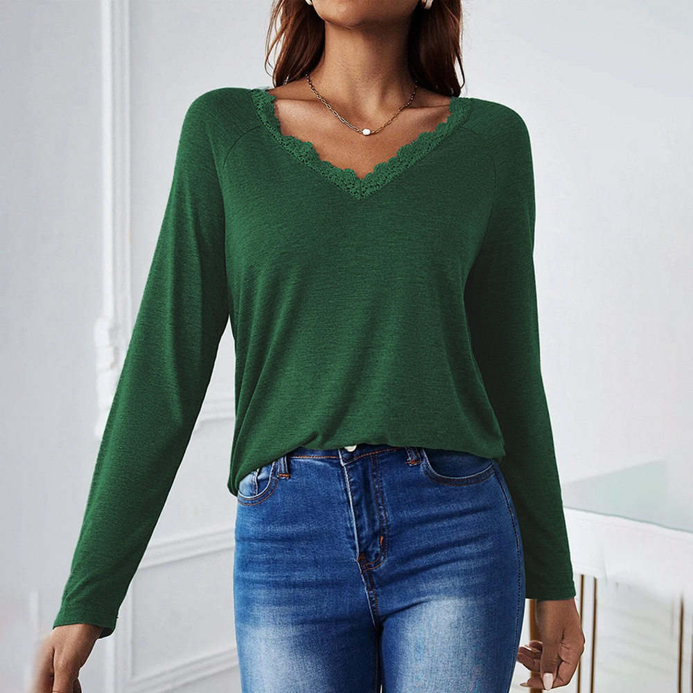 Womens Casual V Neck T Shirt Loose Fit Long Sleeve Lace Patchwork Fashionable Top for Spring Fall Wholesale