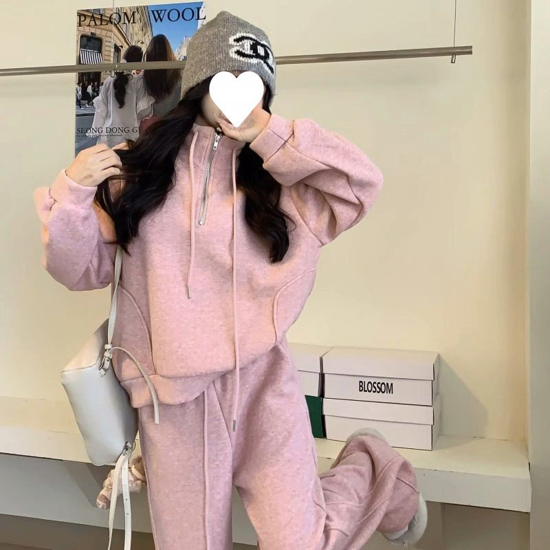 Casual Sports Suit Women's Sweatshirt Fleece-Lined Winter Fashion Slim Hong Kong Style Lazy Style Wide-Leg Pants Two-Piece Set