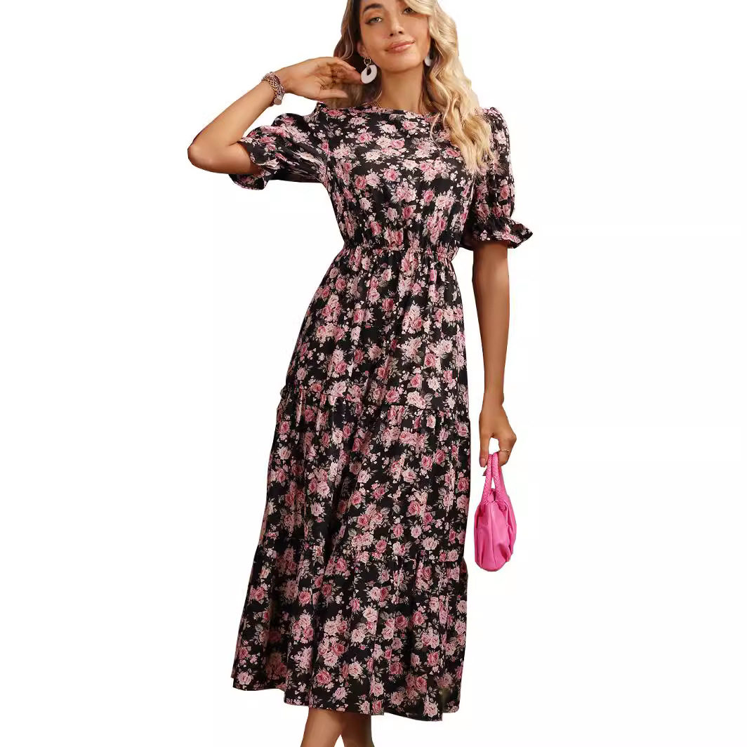 Floral Print Dress Waist Defining Elegant Design Spring Fashion Available for Wholesale custom packaging