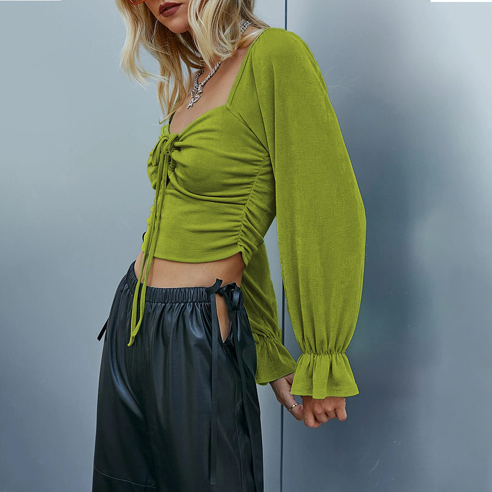 Womens Sexy Hollow Out Long Sleeve Crop Top Puff Sleeve Slim Fit Autumn Winter Style Wholesale Available