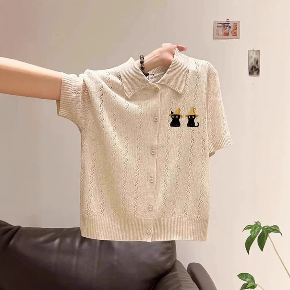 Japanese lapel embroidered short-sleeved knitted cardigan fo...