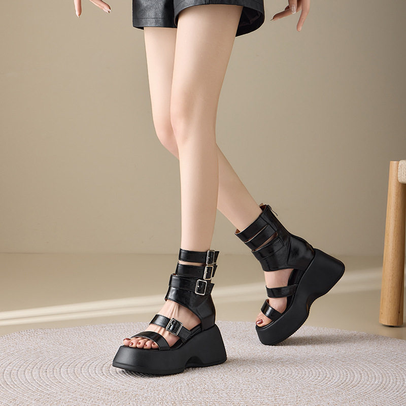 Sandal cao gót nữ hở mũi quai ngang đế dày 8 cm phong cách La Mã da bò mềm — [Trắng kem], [Đen]