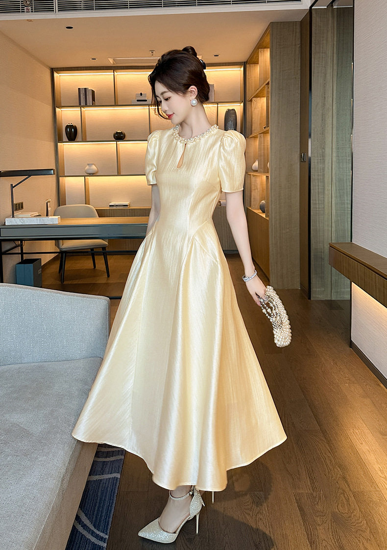 Đầm maxi nữ thắt eo cổ tròn tay ngắn phong cách Pháp — [Màu champagne] chi tiết 6