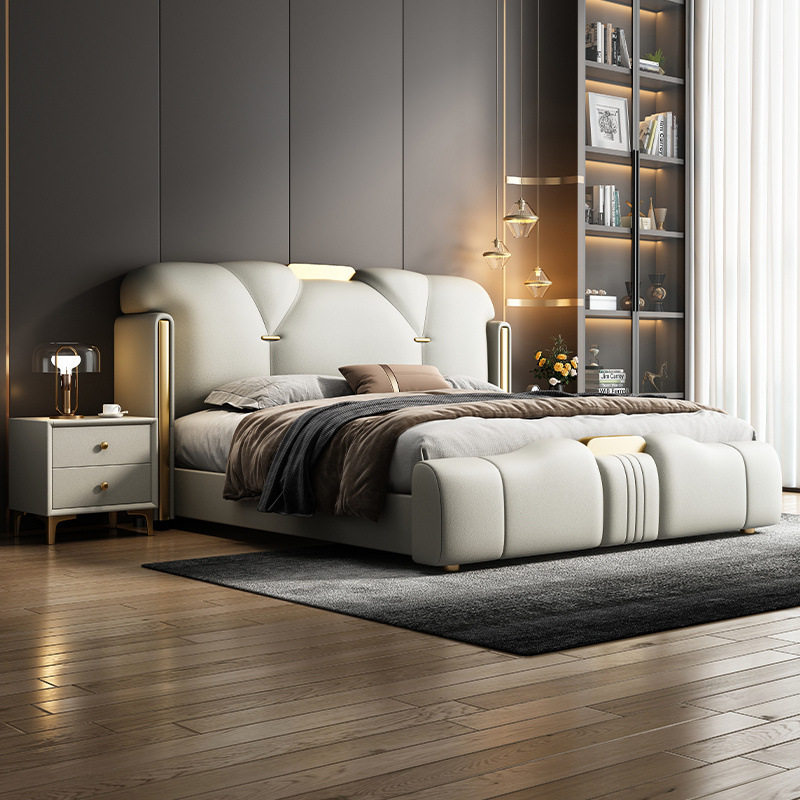 Italian-style Leather Bed Light Luxury Modern Simple Double Bed Master Bedroom Internet-famous Big Bed Multifunctional Storage Bed Soft Bag Wedding Bed