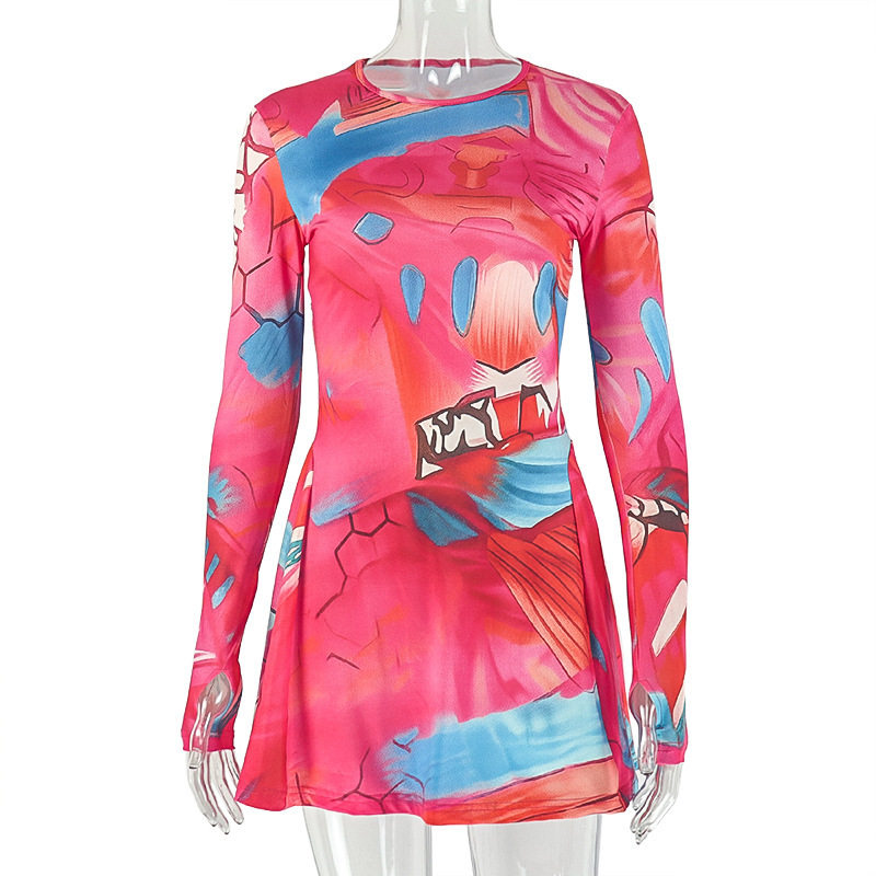 Casual A Line Dress Floral Print Color Block Long Sleeve Round Neck Trendy for Everyday Wear Wholesale Available