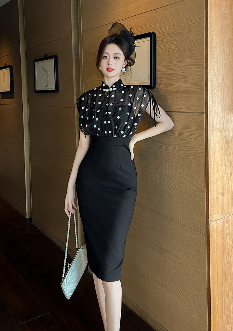 Đầm ôm body nữ cổ đứng tay ngắn phong cách sườn xám retro họa tiết chấm bi — [Màu đen] chi tiết 6