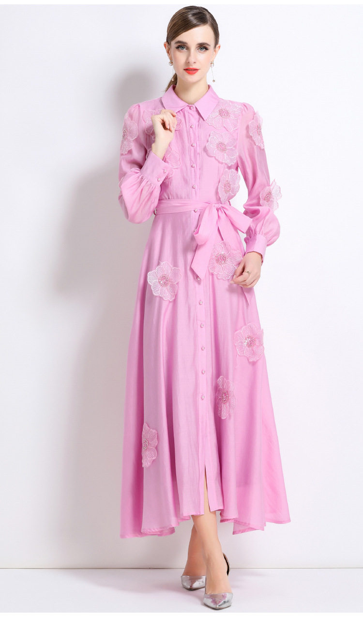 French High End Beaded Floral Long Sleeve Dress Slim Fit Waist Tie Button Closure Autumn Fashion for Women