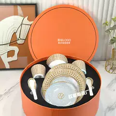 Cross border European style light luxury bone china gold horse drawn cart bowl, spoon, plate, plate, 10 piece set retro tableware set home gift